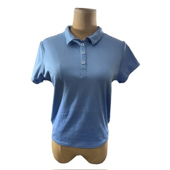 "DKNY Sport" Cropped Blue Polo Shirt SZ  L Buttons Gym Workout Activewear Run - Picture 1 of 7